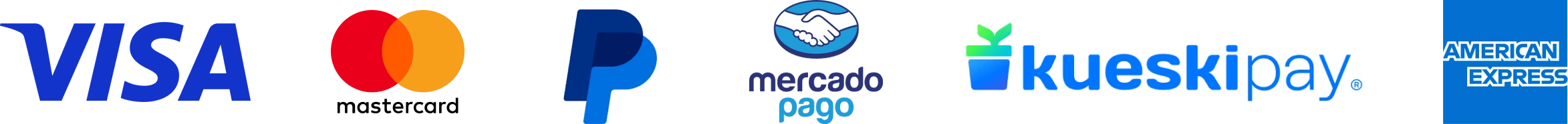 Visa, Mastercard, PayPal, Mercado Pago, Kueski Pay y American Express